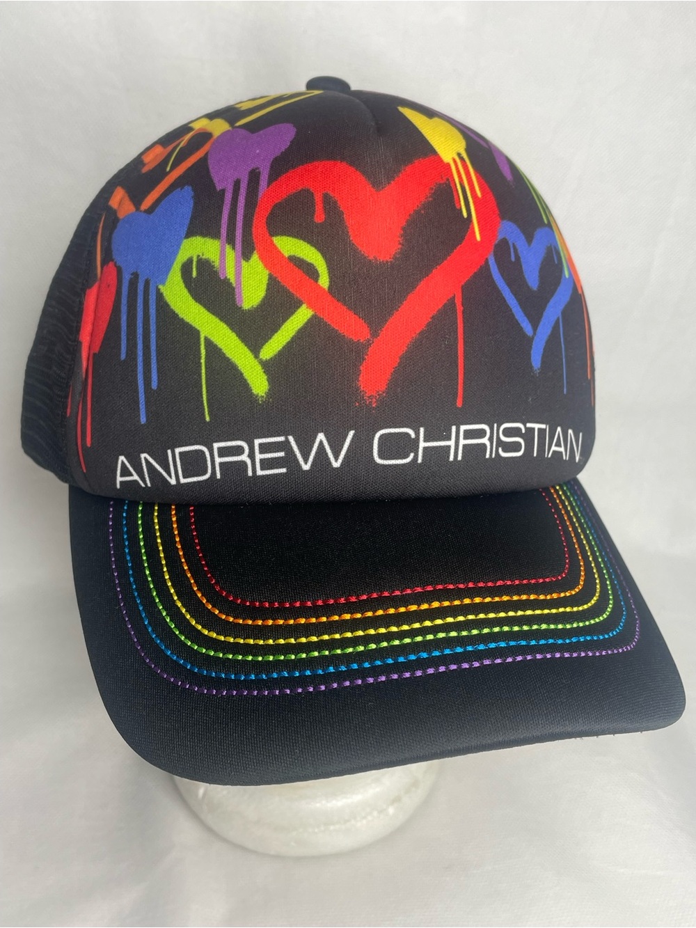 NWT Andrew Christian Rainbow Graffiti Heart Art Cap Black Pride Colors SnapBack